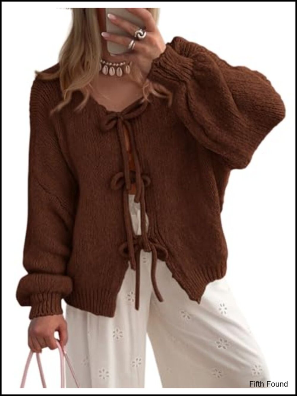 Tie Front Bow Cardigan Chunky Cable Knit Puff Sleeve Sweater